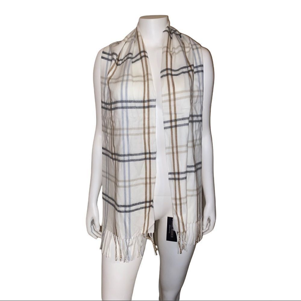 Steve Madden Plaid Ivory Fringe Muffler Scarf NWT